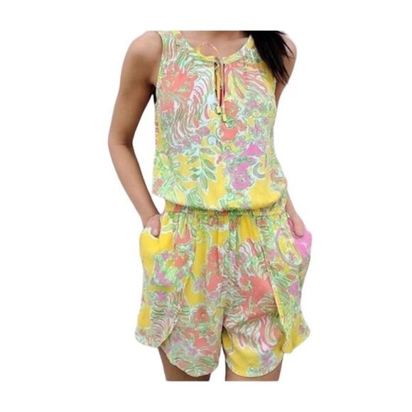 LILLY PULITZER Challis Happy Place Romper SZ Small Tropical Floral Summer Beach - Picture 1 of 5